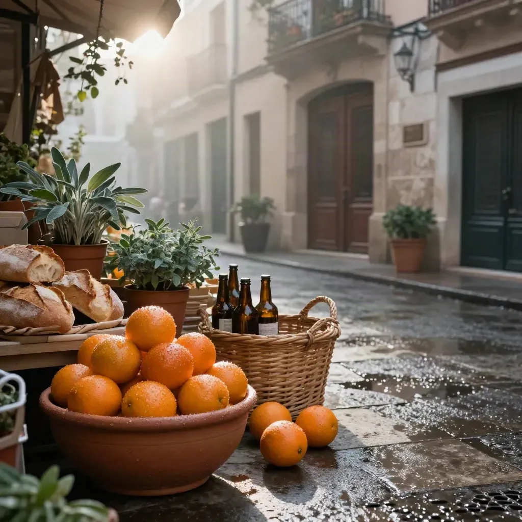 Mercado de barrio con naranjas, pan, hierbas y botellas junto a un portal español al amanecer.