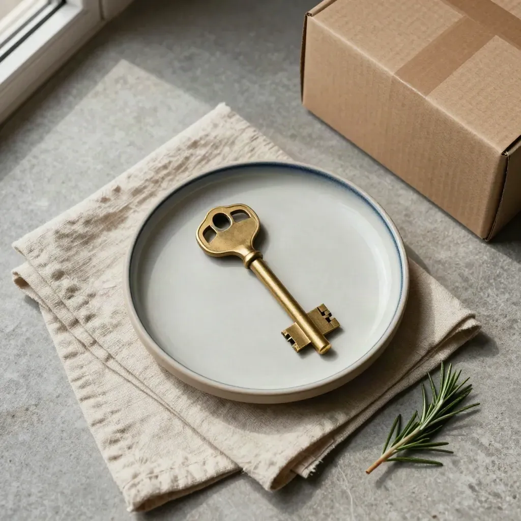 Llave de casa de latón sobre plato cerámico con lino, romero y caja de mudanza.