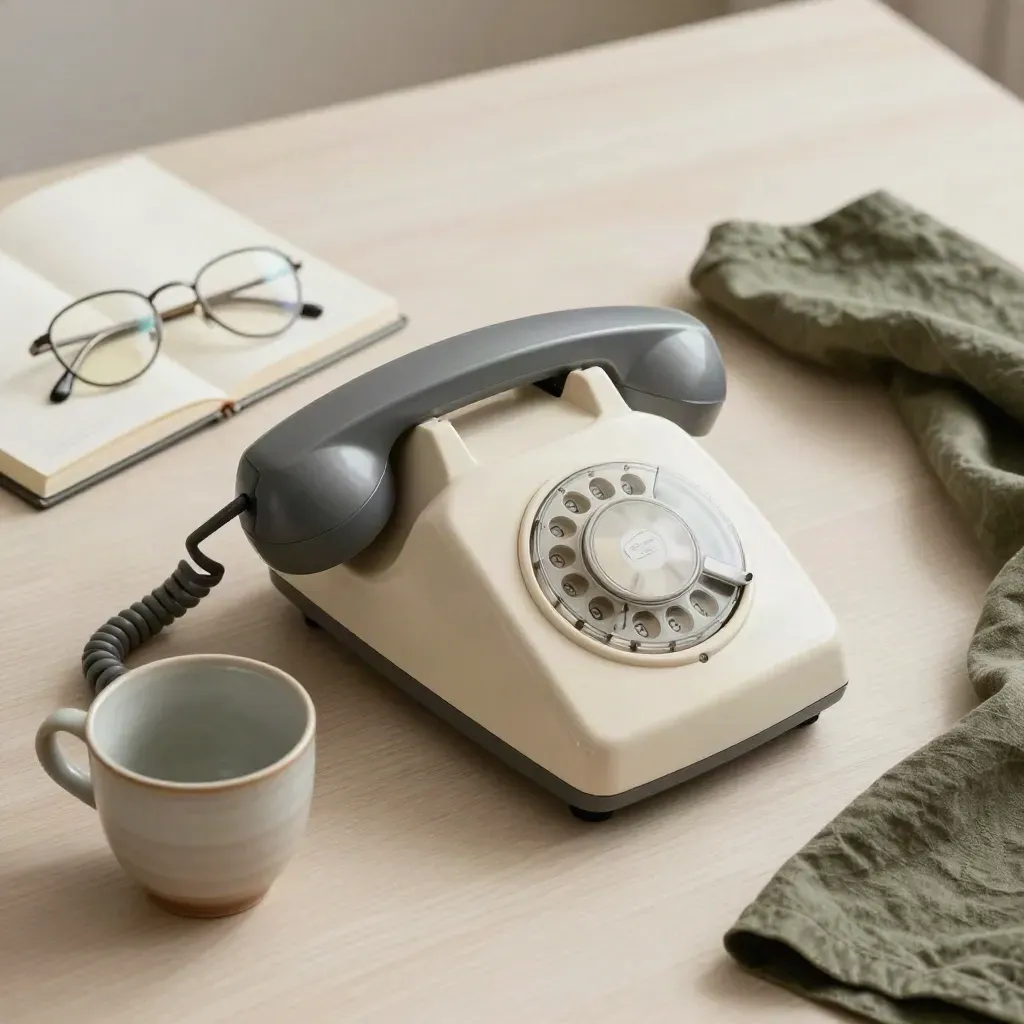 Teléfono fijo con cuaderno, gafas y taza sobre madera clara, luz suave y ambiente sereno.