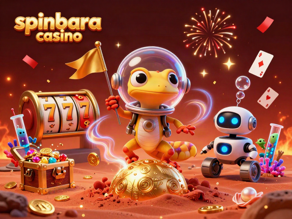 Spinbara casino showcases a 3D cartoon Martian gecko exploring a golden casino among vibrant gaming elements.